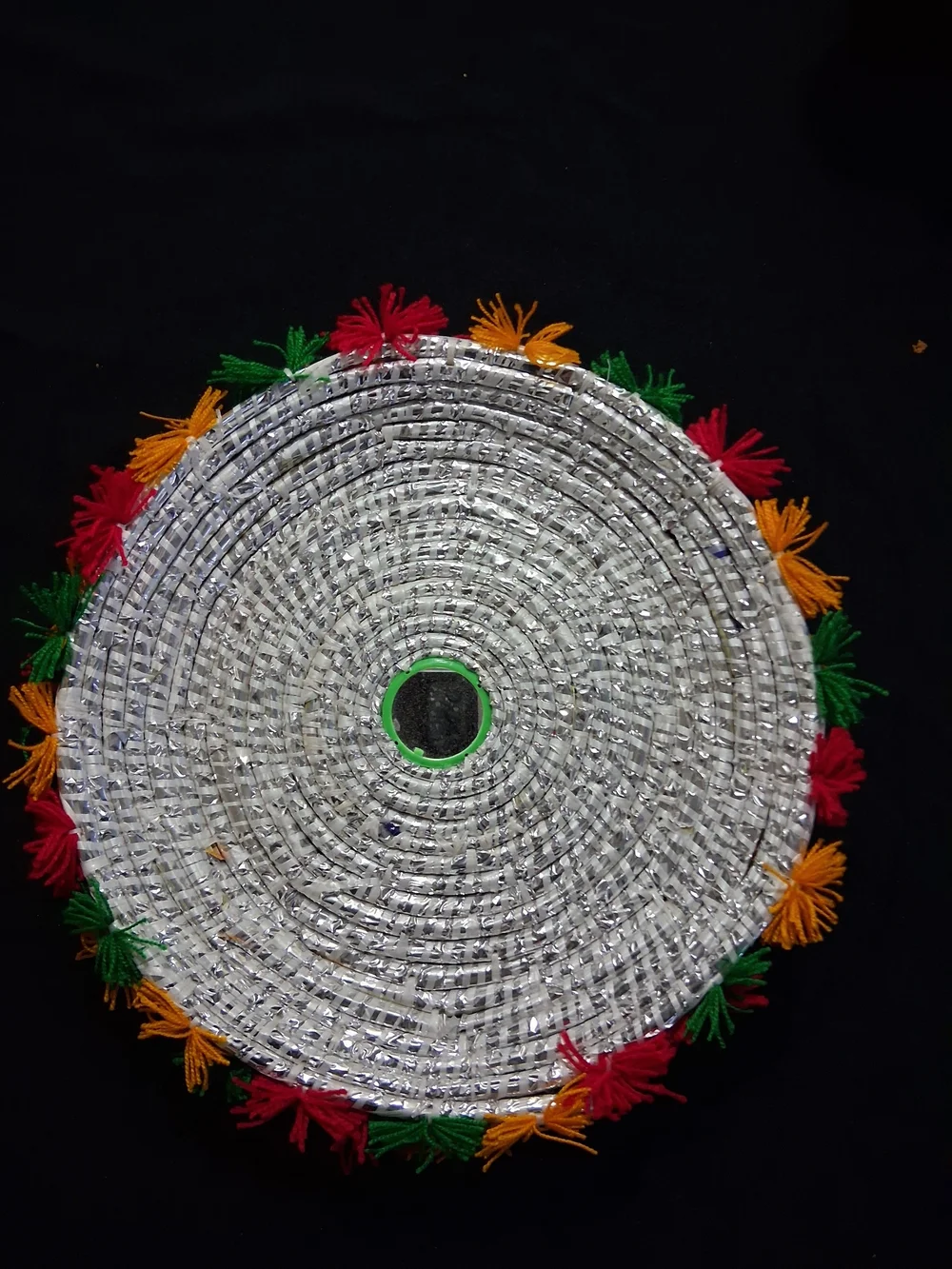 Vintage Handwoven Silver Woven Sequin Round Placemat with Multicolor TasselsTray